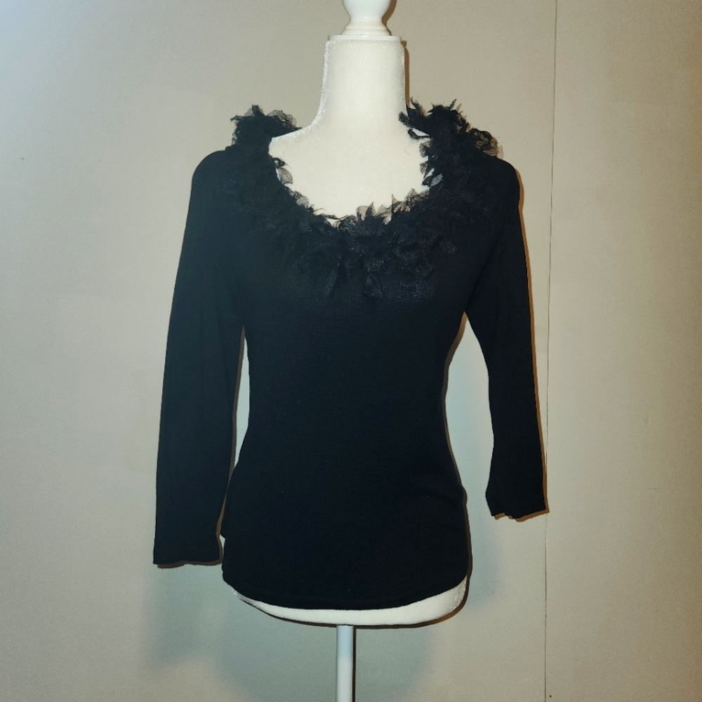 Vintage Y2k Black 3/4 Sleeve Silk Blend Sweater Lace Fringe Collar Medium M EUC
